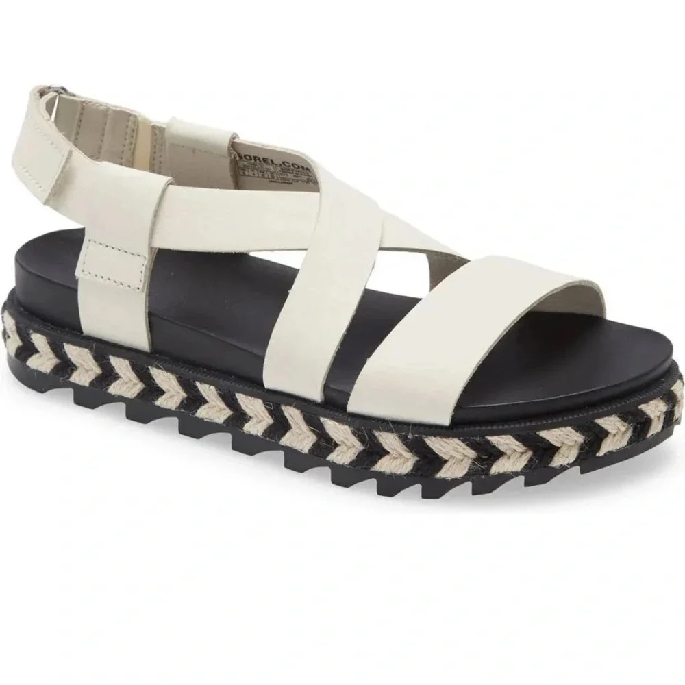 Sorel Roaming Criss Cross Platform Espadrille‎ Leather Sandal 6.5 - Chalk/Black